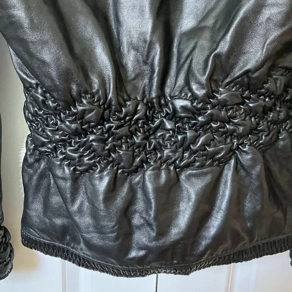 Biogonti View Black  Leather & Fur Jacket Y2K Style Winter Coat Glamorous Short - Picture 5 of 9